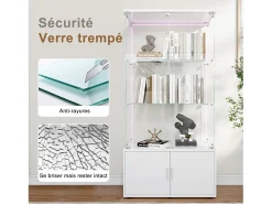 Vitrina de cristal, Vitrina de varios niveles, Vitrina de cristal con cerradura, Vitrina con iluminación LED, 78,51×35×164 cm, Blanco