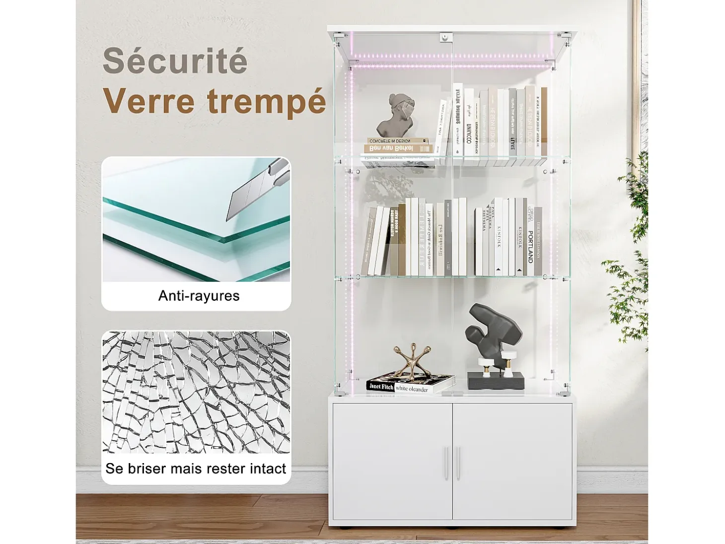 Vitrina de cristal, Vitrina de varios niveles, Vitrina de cristal con cerradura, Vitrina con iluminación LED, 78,51×35×164 cm, Blanco