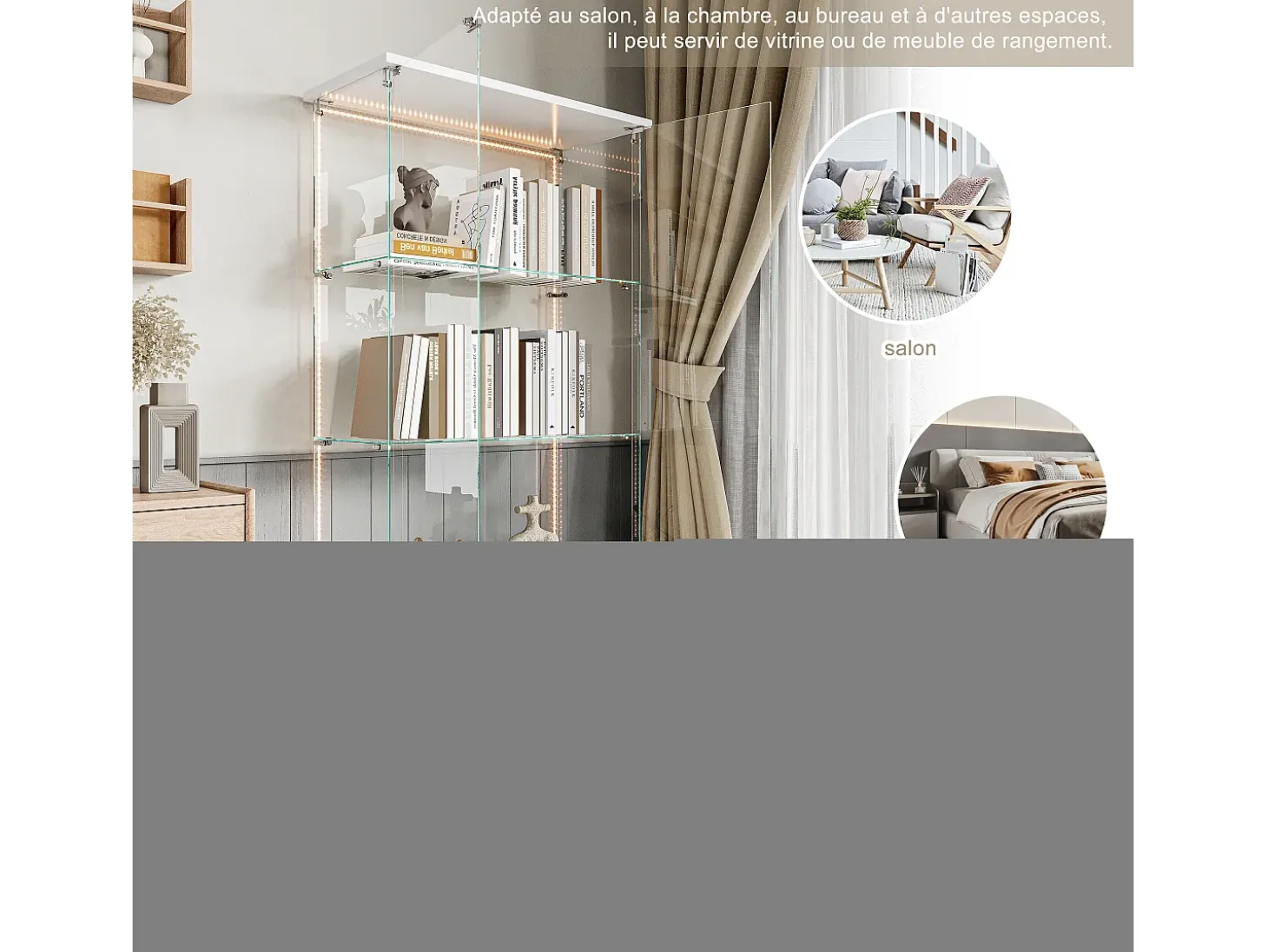 Vitrina de cristal, Vitrina de varios niveles, Vitrina de cristal con cerradura, Vitrina con iluminación LED, 78,51×35×164 cm, Blanco