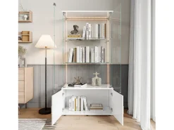 Vitrina de cristal, Vitrina de varios niveles, Vitrina de cristal con cerradura, Vitrina con iluminación LED, 78,51×35×164 cm, Blanco
