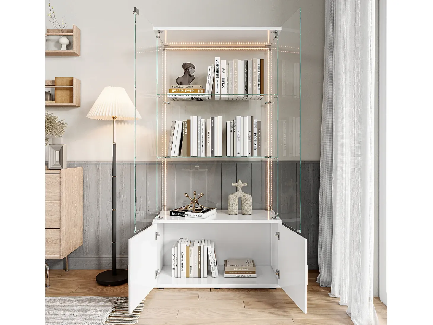 Vitrina de cristal, Vitrina de varios niveles, Vitrina de cristal con cerradura, Vitrina con iluminación LED, 78,51×35×164 cm, Blanco