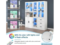 Vitrina de diseño moderno blanca de 200 cm con 8 puertas y 3 cajones e iluminación LED para salón.