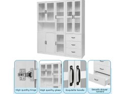 Vitrina de diseño moderno blanca de 200 cm con 8 puertas y 3 cajones e iluminación LED para salón.