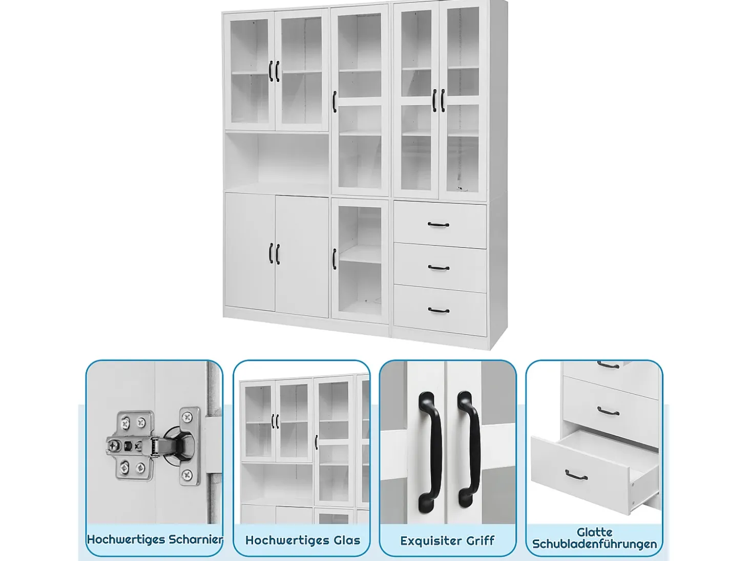 Vitrina de diseño moderno blanca de 200 cm con 8 puertas y 3 cajones e iluminación LED para salón.