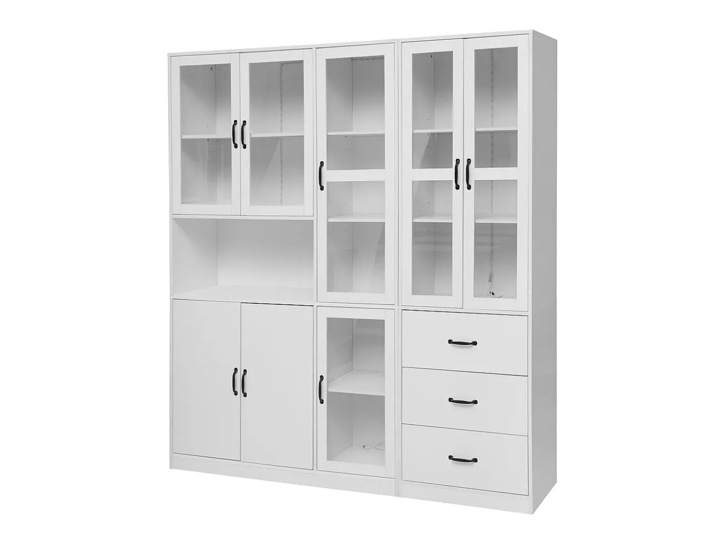 Vitrina de diseño moderno blanca de 200 cm con 8 puertas y 3 cajones e iluminación LED para salón.