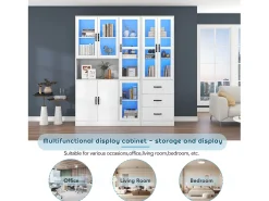 Vitrina de diseño moderno blanca de 200 cm con 8 puertas y 3 cajones e iluminación LED para salón.