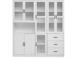 Vitrina de diseño moderno blanca de 200 cm con 8 puertas y 3 cajones e iluminación LED para salón.