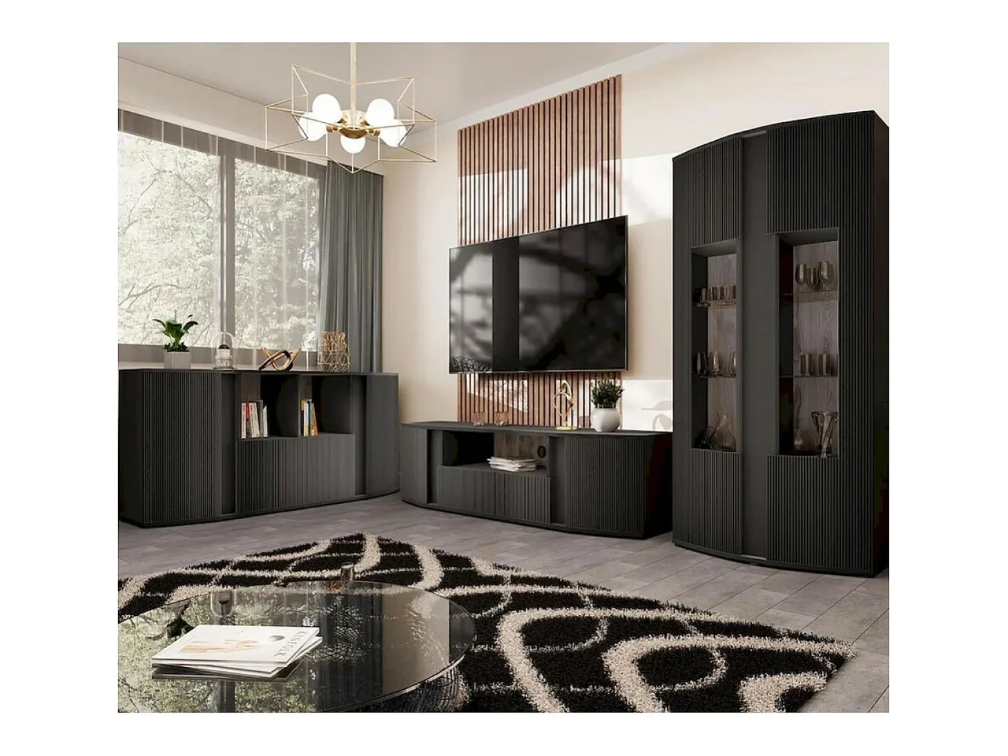 Vitrina de diseño negra con frontal curvado Looping