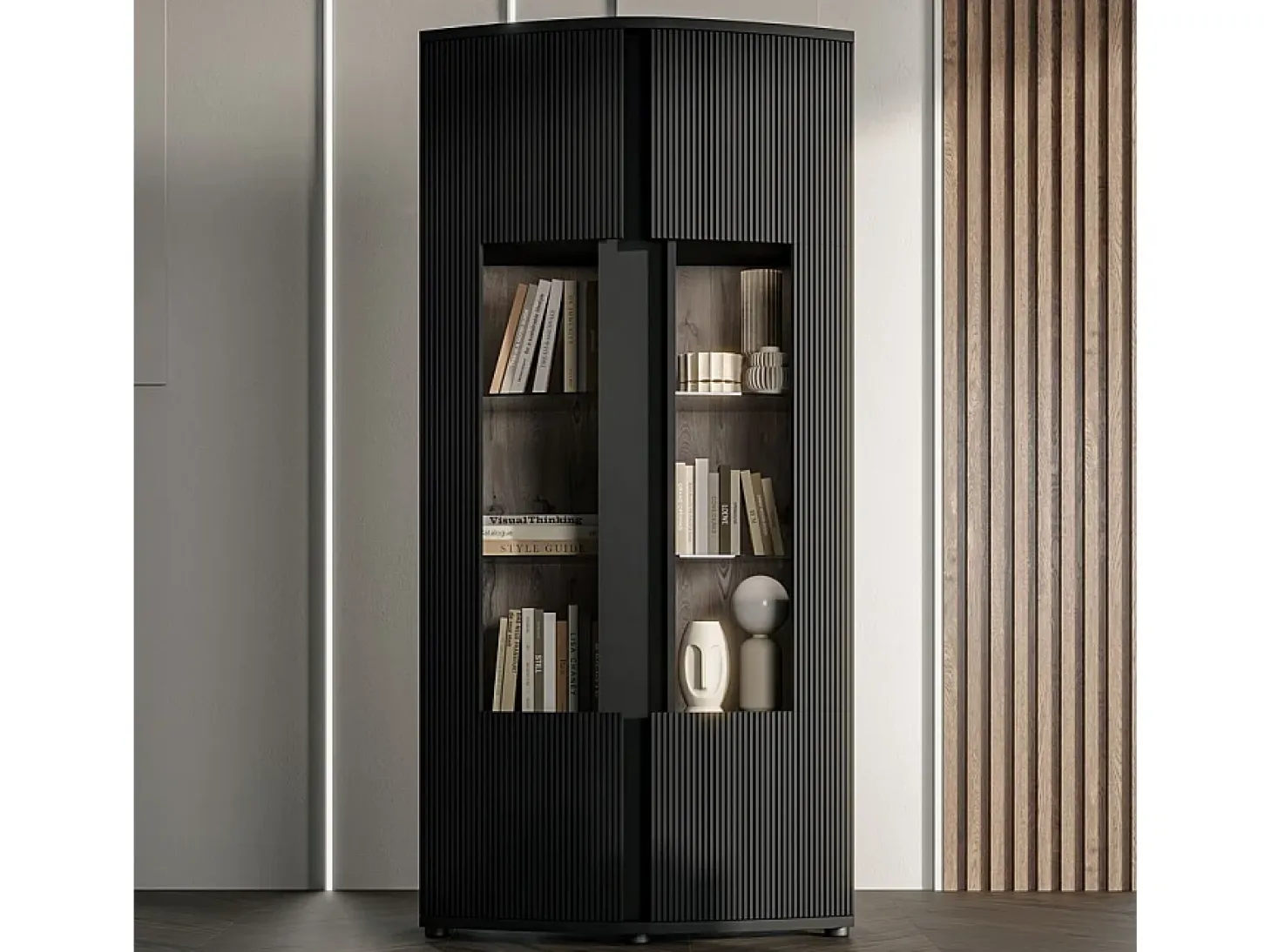 Vitrina de diseño negra con frontal curvado Looping