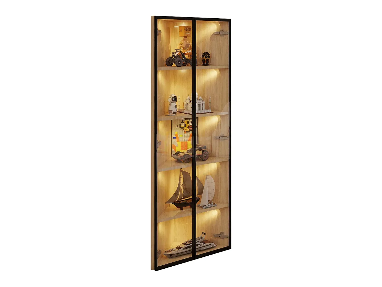 Vitrina de esquina 62×35×160 cm - con iluminación LED - 2 puertas de vidrio - natural