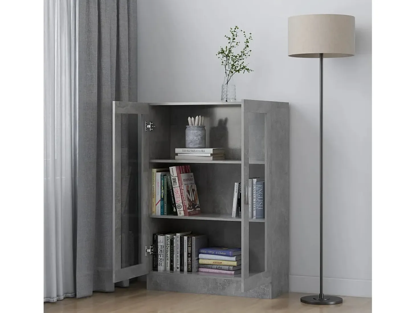 Vitrina de madera contrachapada gris hormigón 82,5x30,5x115 cm ES948785