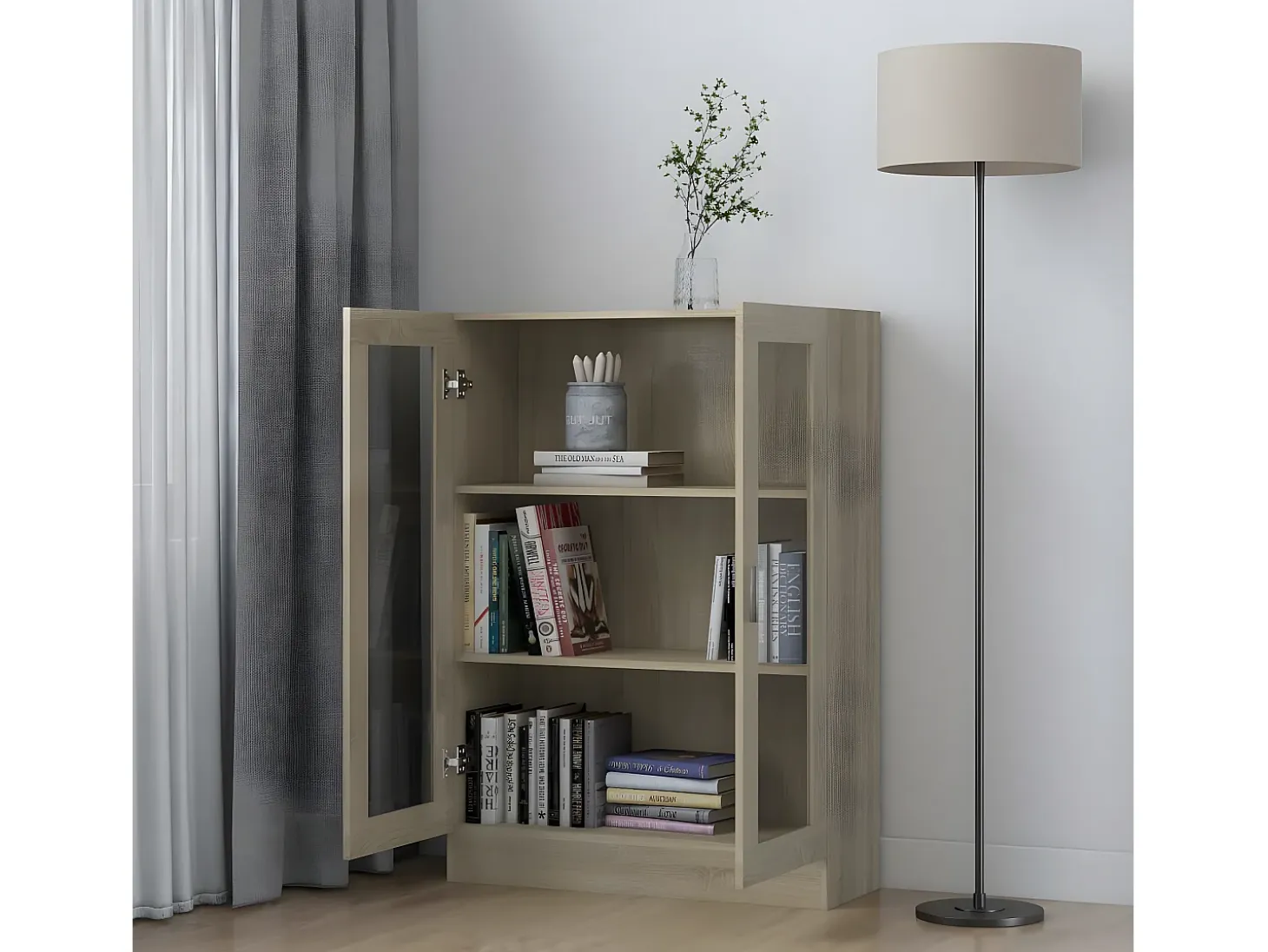 Vitrina de madera contrachapada color roble 82,5x30,5x115 cm
