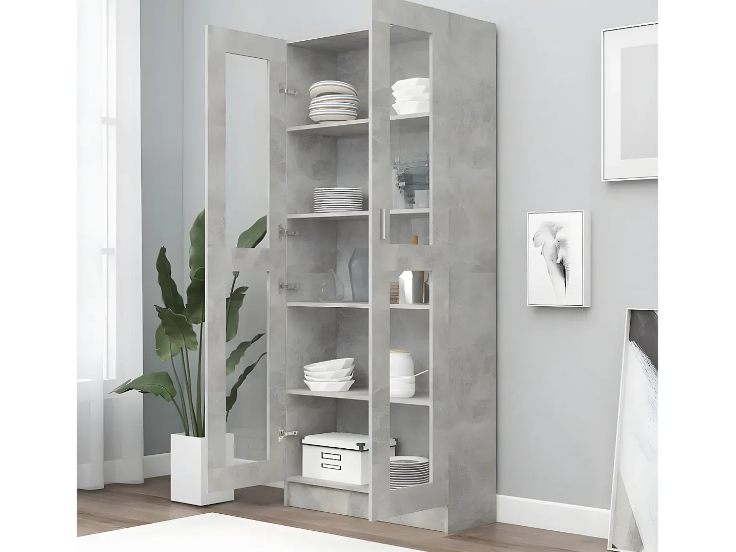 Vitrina de madera contrachapada gris hormigón 82,5x30,5x185,5cm