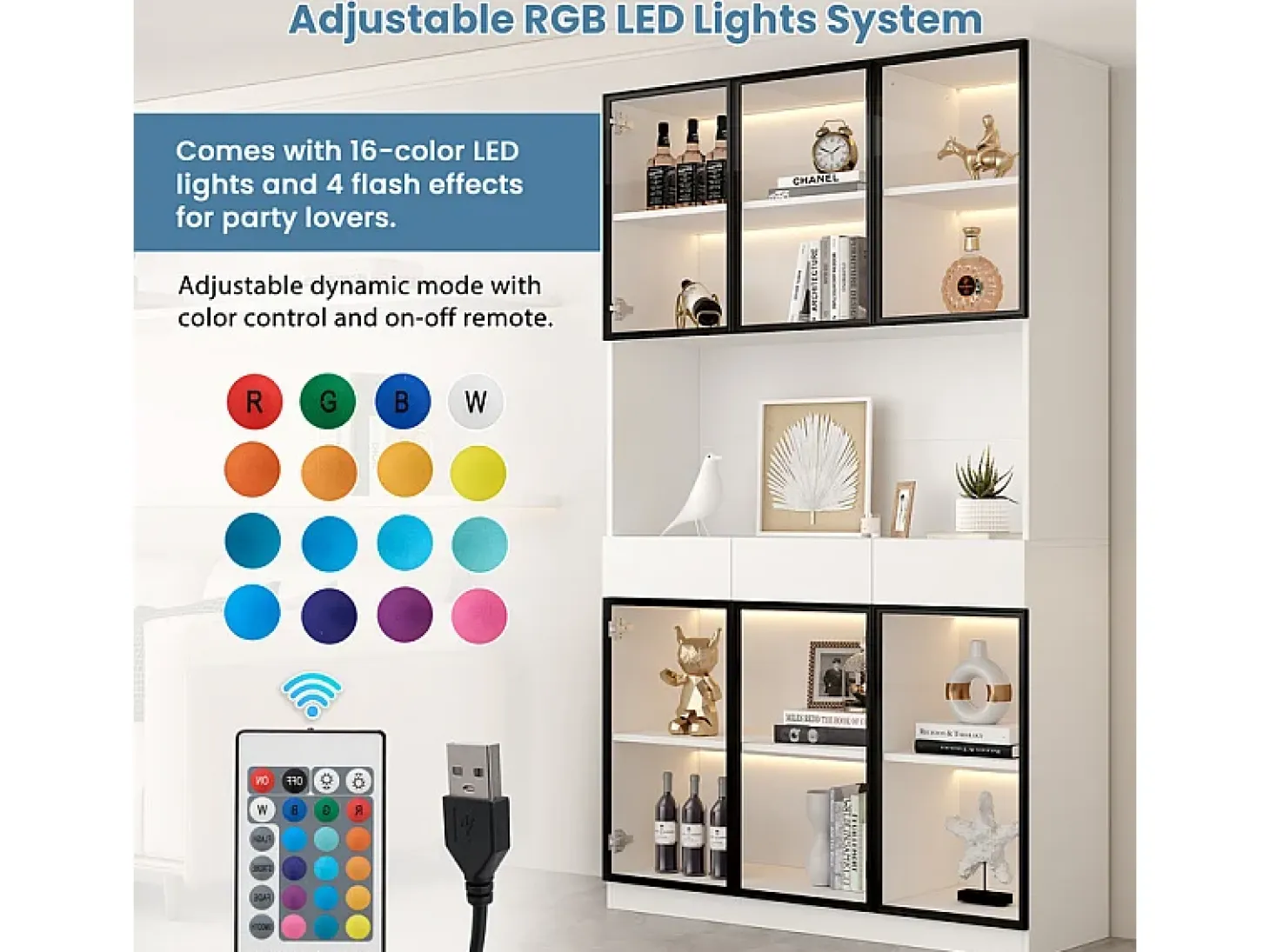 Vitrina de Pared - 12 Puertas Cristal + 6 Cajones - con LED RGB - Panel Partículas 240x36x200cm