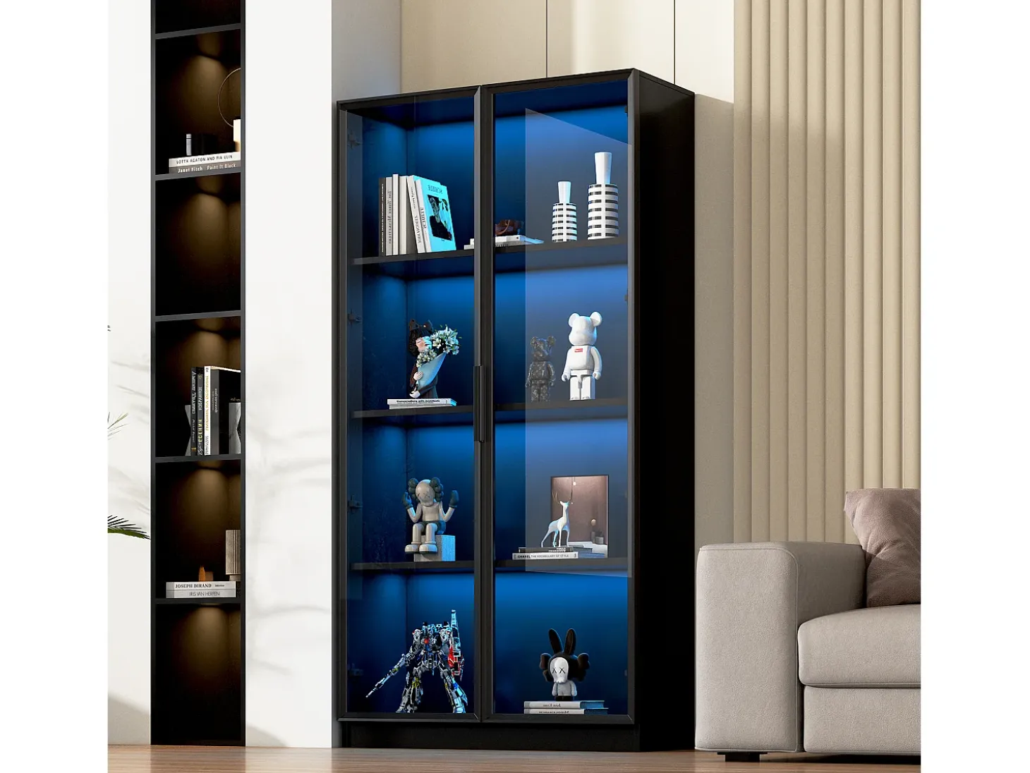 Vitrina de vidrio 160x40x160 cm - con LEDs - almacenamiento de 4 puertas con estantes móviles - aglomerado - negro