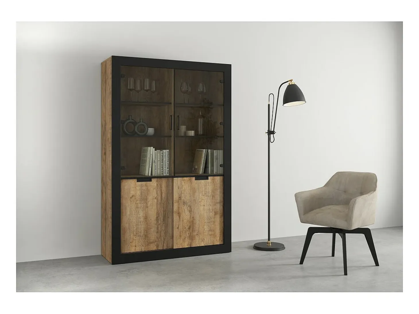 Vitrina diseño colección MEUNIER color Roble samdal y negro mate – 4 puertas