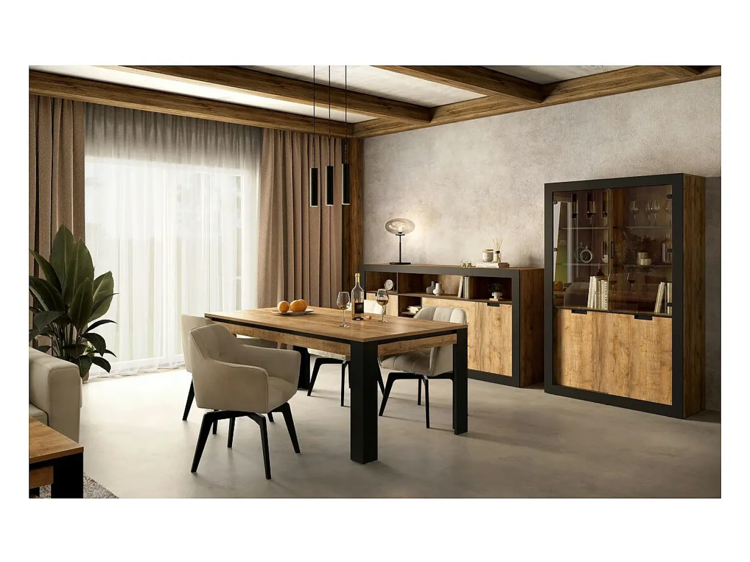 Vitrina diseño colección MEUNIER color Roble samdal y negro mate – 4 puertas