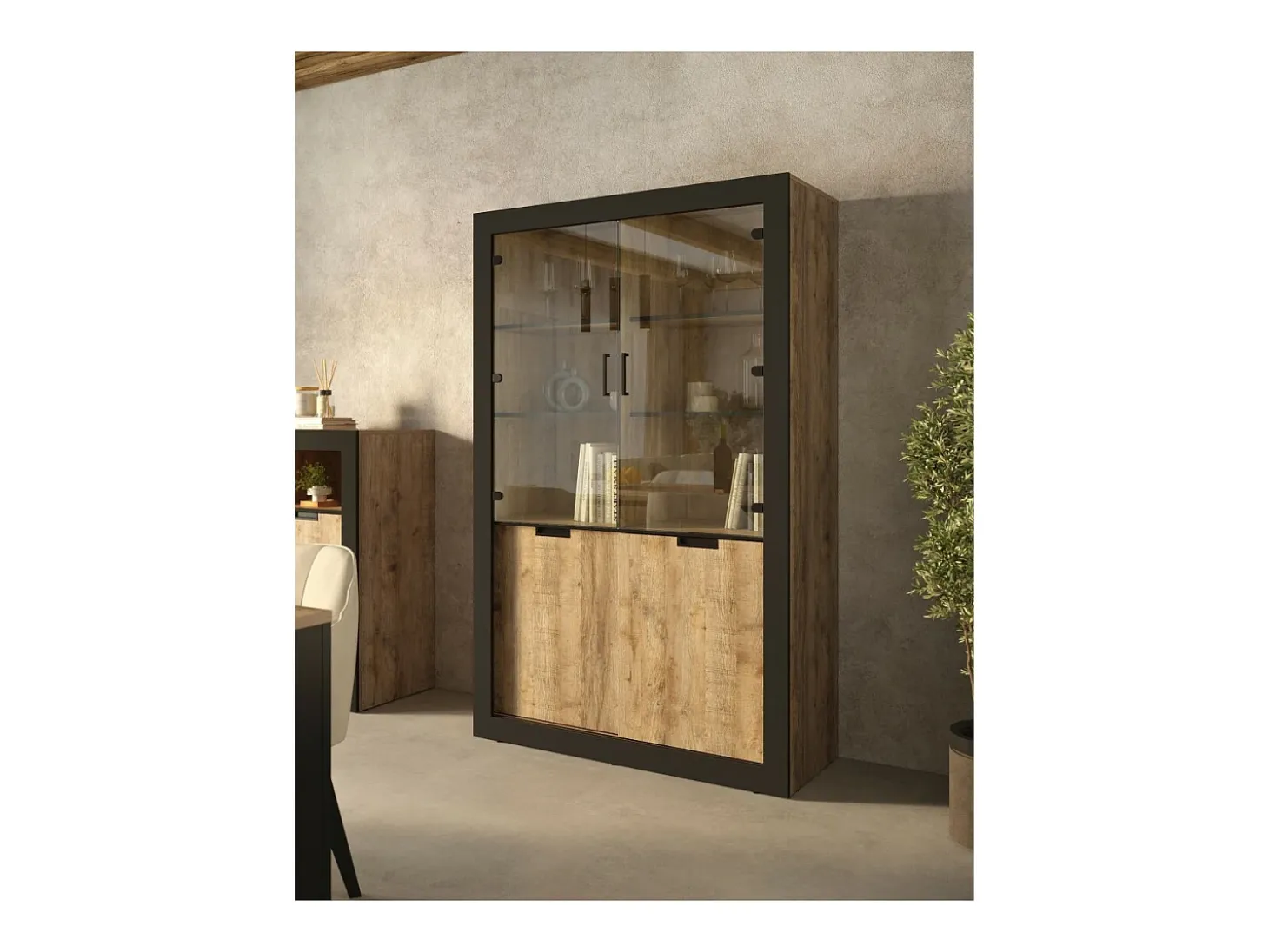 Vitrina diseño colección MEUNIER color Roble samdal y negro mate – 4 puertas
