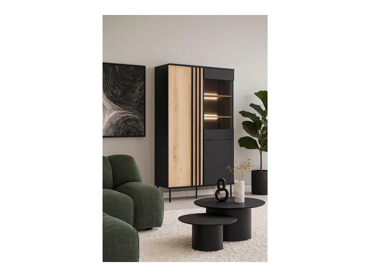Vitrina diseño IZO – 2 puertas – Negro ónix & Roble claro – 110x195x40 cm
