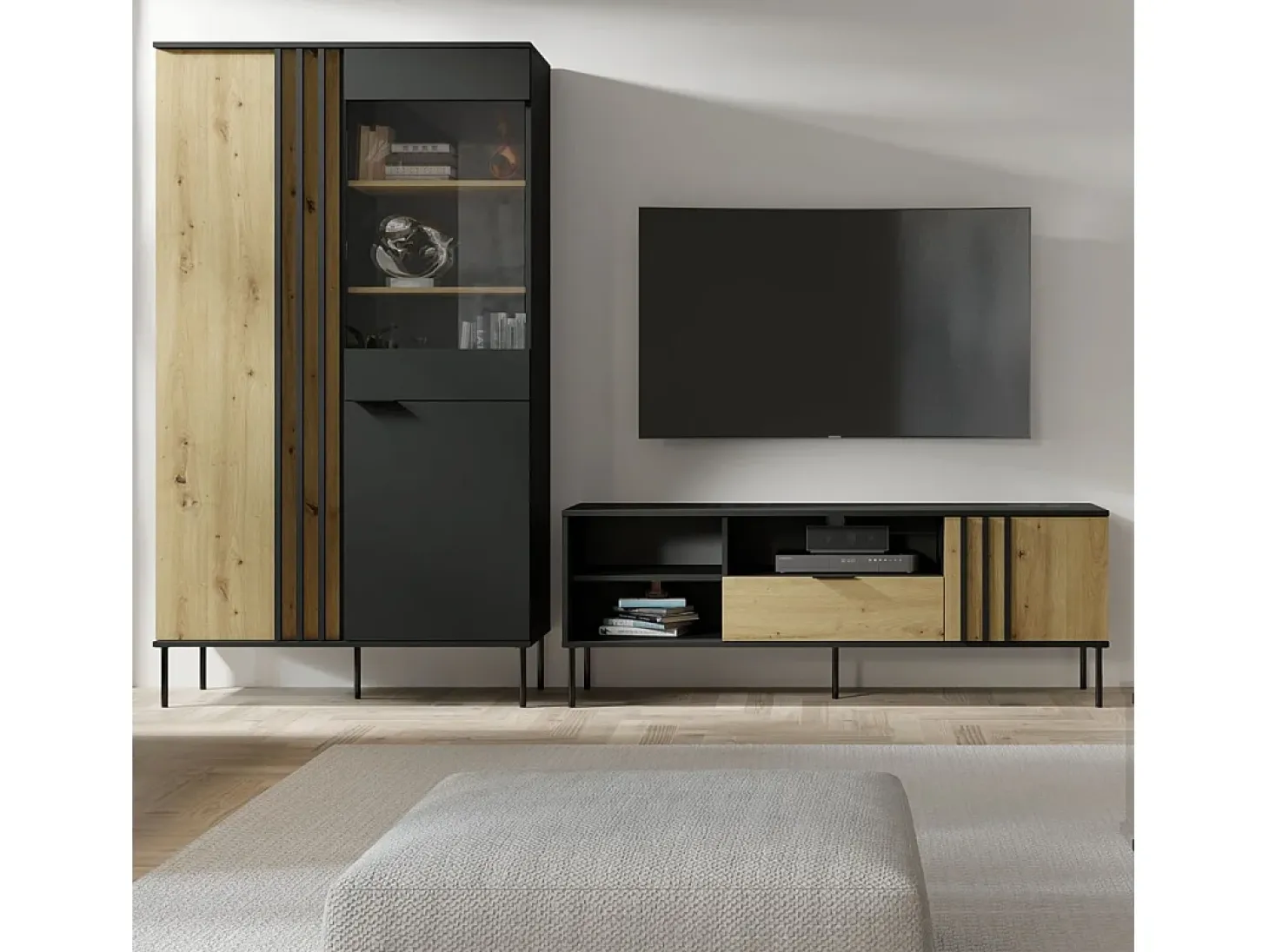 Vitrina diseño IZO – 2 puertas – Negro ónix & Roble claro – 110x195x40 cm