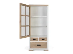 Vitrina en madera maciza de mindi con 3 cajones y puerta de cristal