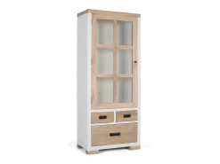 Vitrina en madera maciza de mindi con 3 cajones y puerta de cristal