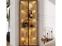 Vitrina esquinera con puerta - 62 x 35 x 160 cm - con LED y vidrio templado - MDF - luz natural
