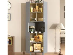Vitrina esquinera lacada - 63,5 x 45 x 157,5 cm - con LEDs + 2 puertas + estante - MDF - gris
