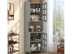 Vitrina esquinera lacada - 63,5 x 45 x 157,5 cm - con LEDs + 2 puertas + estante - MDF - gris