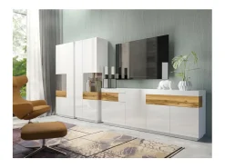 Vitrina, estantería, alacena KILES color blanco y roble. Modelo vitrina derecha.