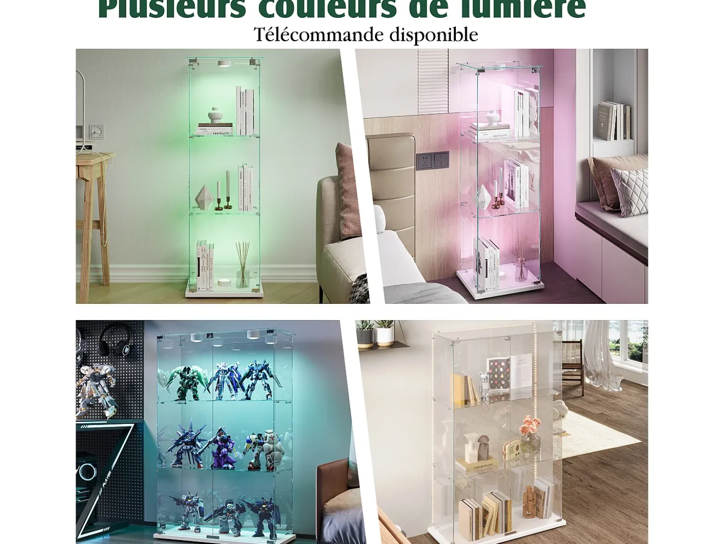Vitrina exenta de cristal blanco con iluminación LED activada por toque, 3 estantes y 2 puertas.