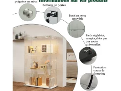 Vitrina exenta de cristal blanco con iluminación LED activada por toque, 3 estantes y 2 puertas.