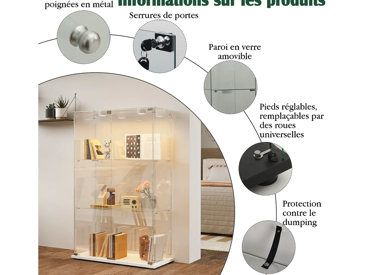 Vitrina exenta de cristal blanco con iluminación LED activada por toque, 3 estantes y 2 puertas.