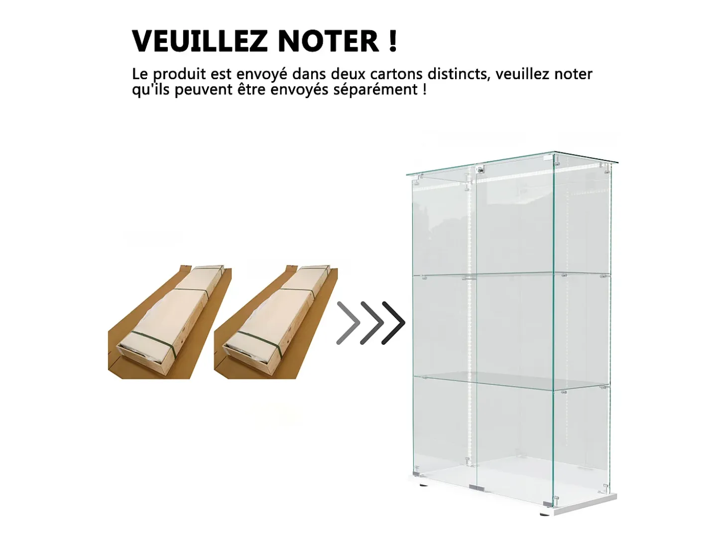 Vitrina exenta de cristal - Vitrina exenta con iluminación LED - 3 estantes - 2 puertas con cerradura - blanca