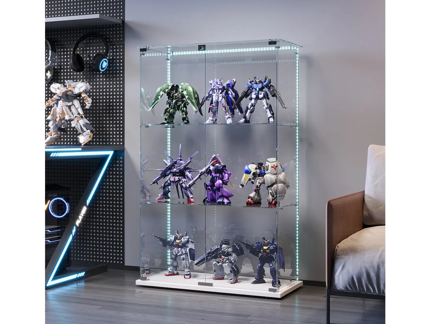 Vitrina exenta de cristal - Vitrina exenta con iluminación LED - 3 estantes - 2 puertas con cerradura - blanca