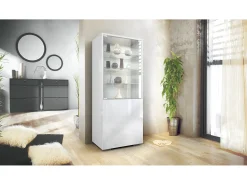 Vitrina Granada, Armario Vitrina Made in Germany con Puerta de Cristal e Inserto de Cristal, blanco mate/blanco de alto brillo (50 x 122,5 x 34,5 cm)
