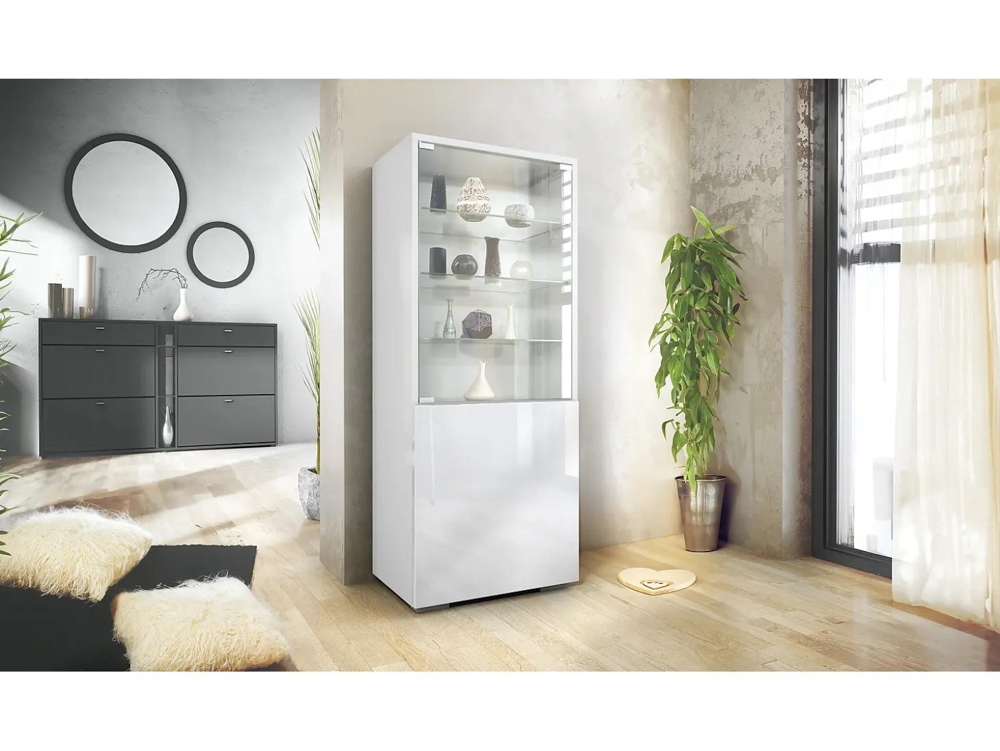 Vitrina Granada, Armario Vitrina Made in Germany con Puerta de Cristal e Inserto de Cristal, blanco mate/blanco de alto brillo (50 x 122,5 x 34,5 cm)