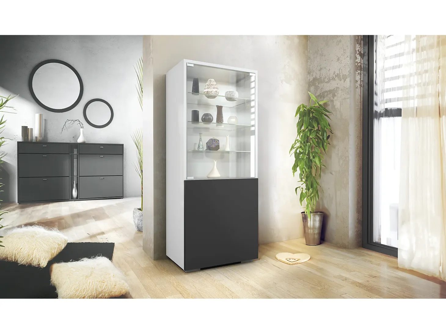 Vitrina Granada, Armario Vitrina Made in Germany con Puerta de Cristal e Inserto de Cristal, blanco mate/negro mate (50 x 122,5 x 34,5 cm)