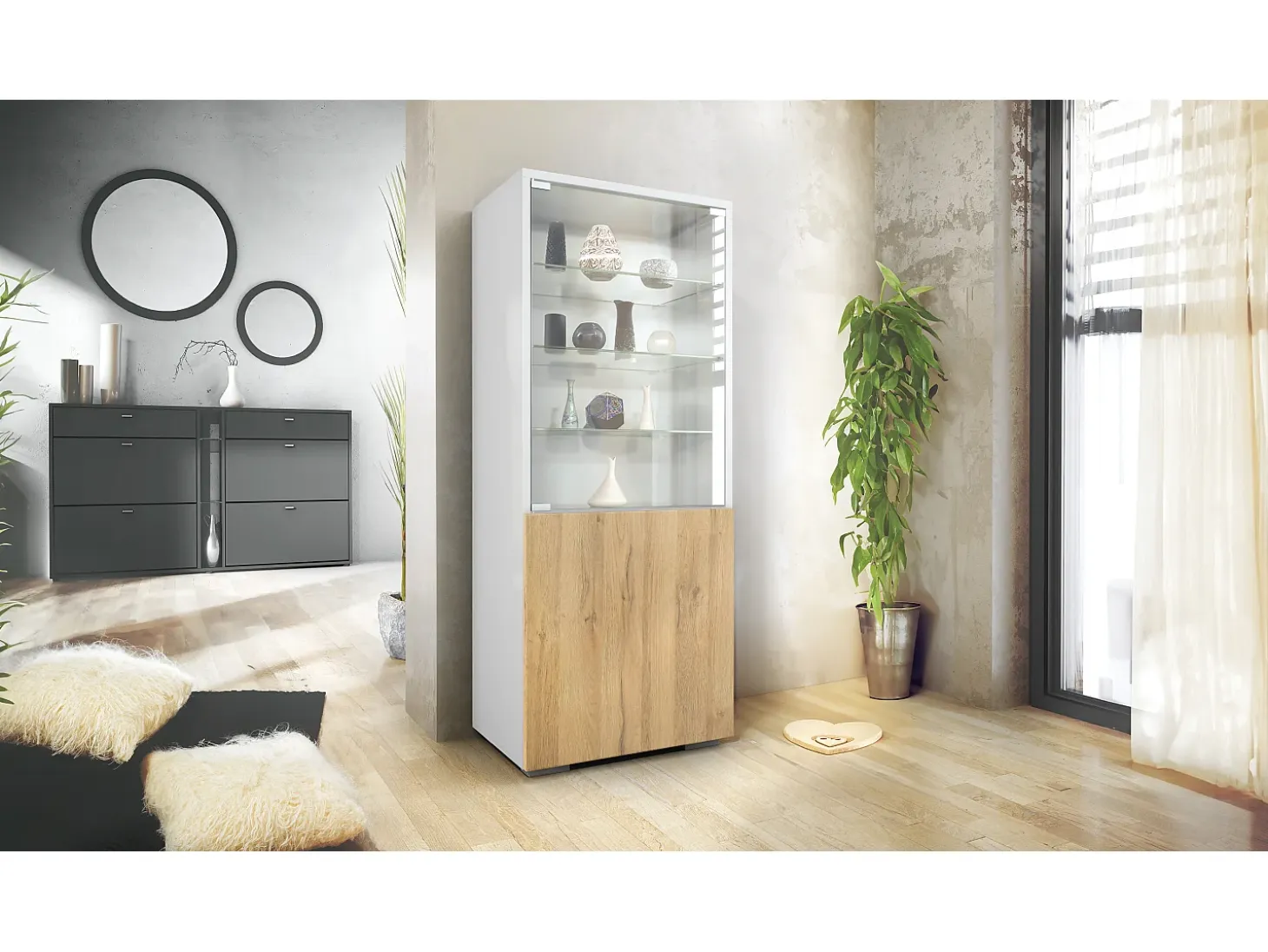 Vitrina Granada, Armario Vitrina Made in Germany con Puerta de Cristal e Inserto de Cristal, blanco mate/roble natural (50 x 122,5 x 34,5 cm)