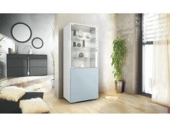 Vitrina Granada, Armario Vitrina Made in Germany con Puerta de Cristal e Inserto de Cristal, blanco mate/mezclilla mate (50 x 122,5 x 34,5 cm)