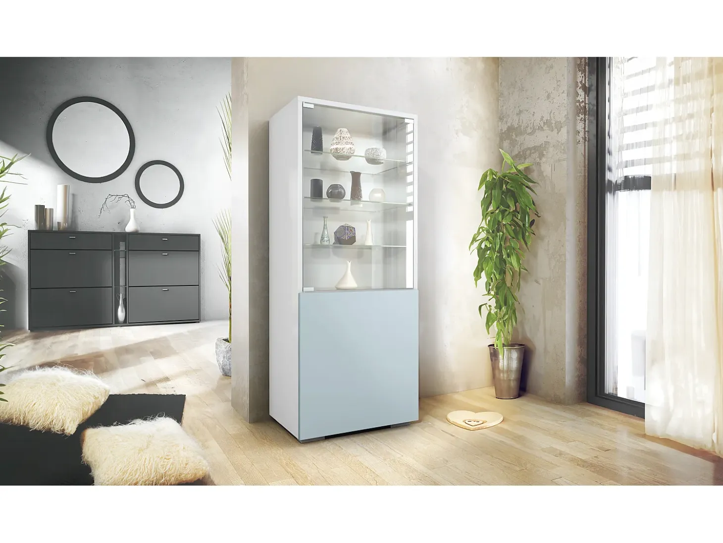 Vitrina Granada, Armario Vitrina Made in Germany con Puerta de Cristal e Inserto de Cristal, blanco mate/mezclilla mate (50 x 122,5 x 34,5 cm)
