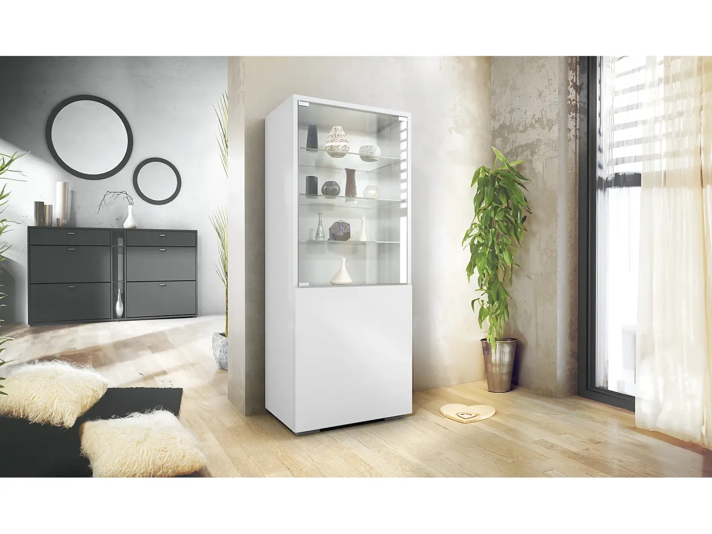 Vitrina Granada, Armario Vitrina Made in Germany con Puerta de Cristal e Inserto de Cristal, blanco mate/blanco mate (50 x 122,5 x 34,5 cm)