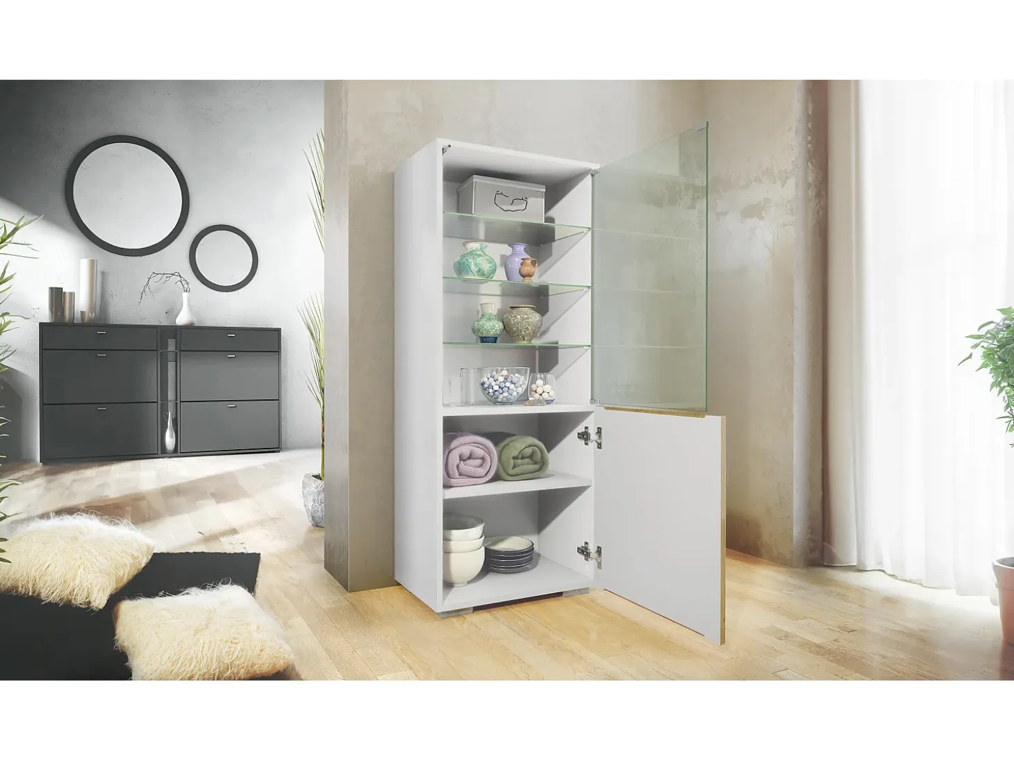 Vitrina Granada, Armario Vitrina Made in Germany con Puerta de Cristal e Inserto de Cristal, blanco mate/blanco mate (50 x 122,5 x 34,5 cm)