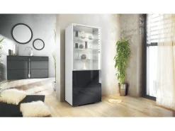 Vitrina Granada, Armario Vitrina Made in Germany con Puerta de Cristal e Inserto de Cristal, blanco mate/negro de alto brillo (50 x 122,5 x 34,5 cm)