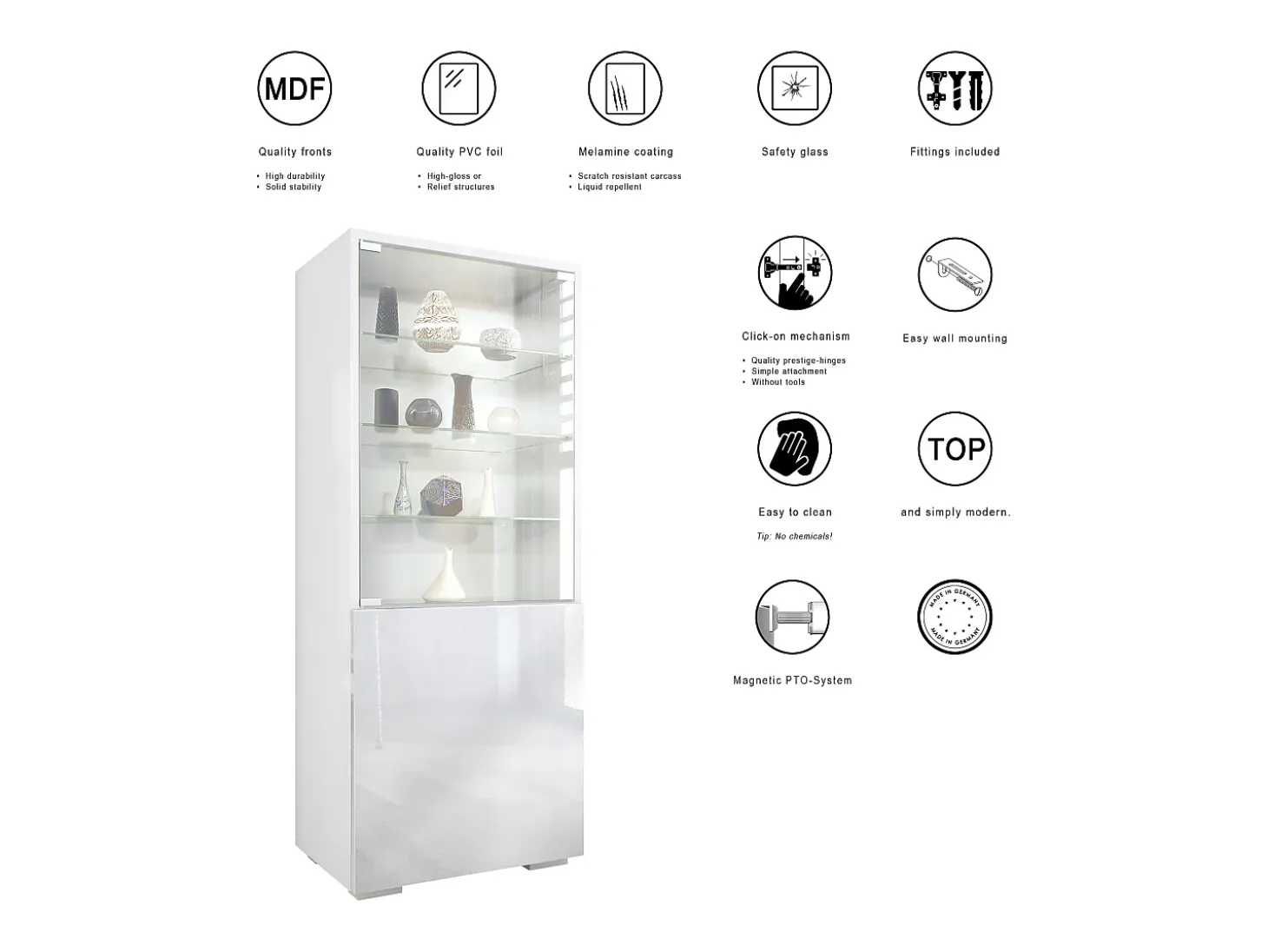 Vitrina Granada, Armario Vitrina Made in Germany con Puerta de Cristal e Inserto de Cristal, blanco mate/gris arena de alto brillo (50 x 122,5 x 34,5 cm)