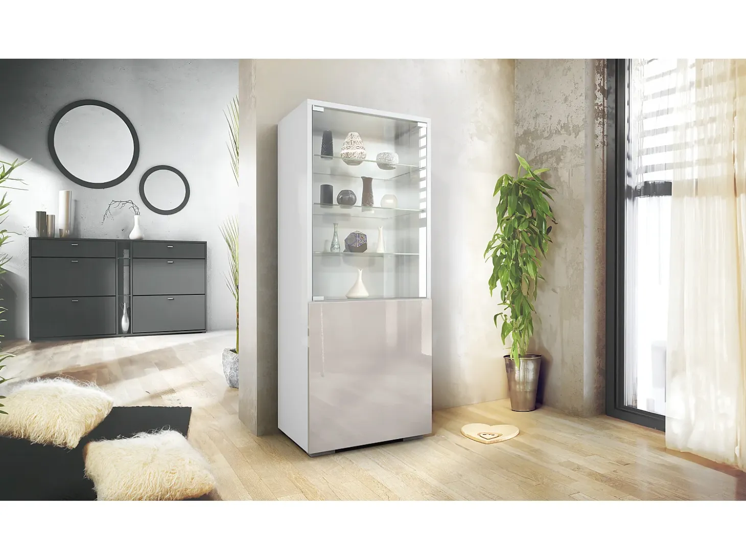 Vitrina Granada, Armario Vitrina Made in Germany con Puerta de Cristal e Inserto de Cristal, blanco mate/gris arena de alto brillo (50 x 122,5 x 34,5 cm)