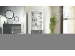 Vitrina Granada, Armario Vitrina Made in Germany con Puerta de Cristal e Inserto de Cristal, blanco mate/gris de alto brillo (50 x 122,5 x 34,5 cm)