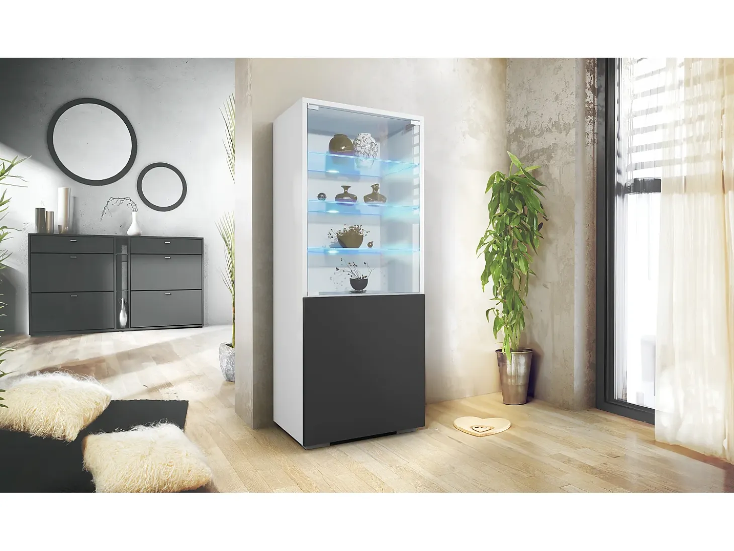 Vitrina Granada de Vladon, Armario Vitrina Made in Germany con Puerta de Cristal e Inserto de Cristal incl. LED, blanco mate/negro mate (50 x 122,5 x 34,5 cm)