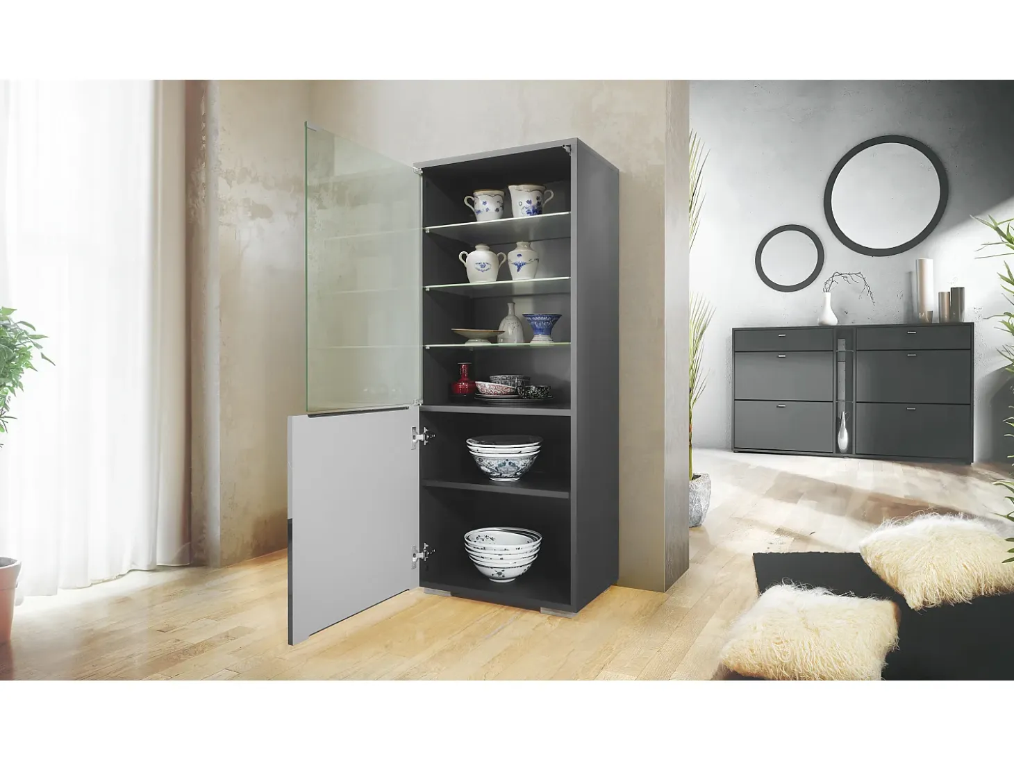 Vitrina Granada de Vladon, Armario Vitrina Made in Germany con Puerta de Cristal e Inserto de Cristal, antracita mate/negro mate (50 x 122,5 x 34,5 cm)