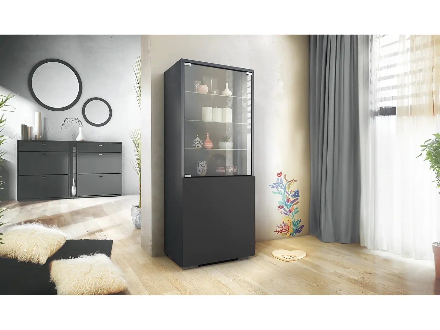 Vitrina Granada de Vladon, Armario Vitrina Made in Germany con Puerta de Cristal e Inserto de Cristal, antracita mate/negro mate (50 x 122,5 x 34,5 cm)